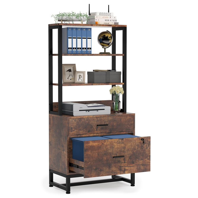 2 Drawer Vertical File Cabinet with Lock and Bookshelf, Brown