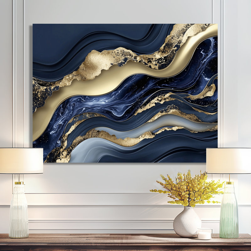 Or et rivière bleue de marbre chaos II - art mural abstrait en marbre, H 30 po x l 40 po, Toile tendue, Ne s’applique pas