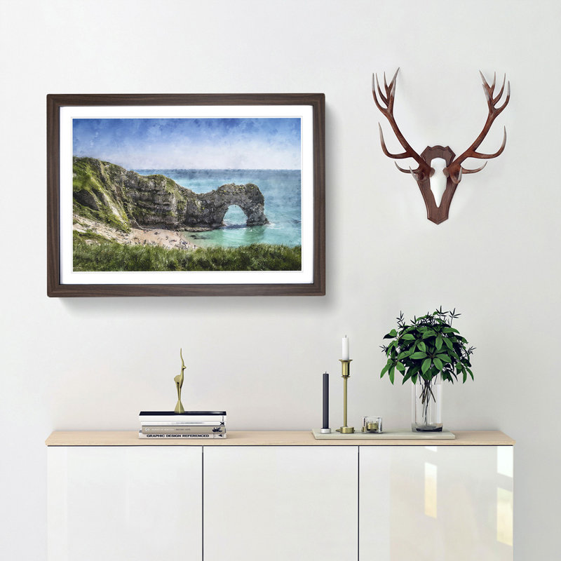 Durdle Door Cliffs in Dorset - Picture Frame Painting Print, 33cm H x 45cm W x 2cm D, Walnut Framed