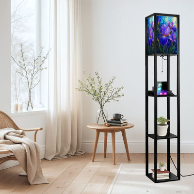Dimmable LED Standing Floor Lamp Blue Purple Irises, MDF Frame Floor Lamp with Remote Control, 3 Color Light, for Living Room Bedroom