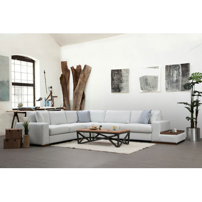 Stylish Corner Sofa with Beech Wood Frame, 9.3 ft L x 3.1 ft W x 2.8 ft H | 100% Polyester Fabric, Dry-Cleanable | Includes 4 Cushions (18 in x 18 in) | Elegant Beige Design with Walnut Legs, Perfect for Modern Living Rooms