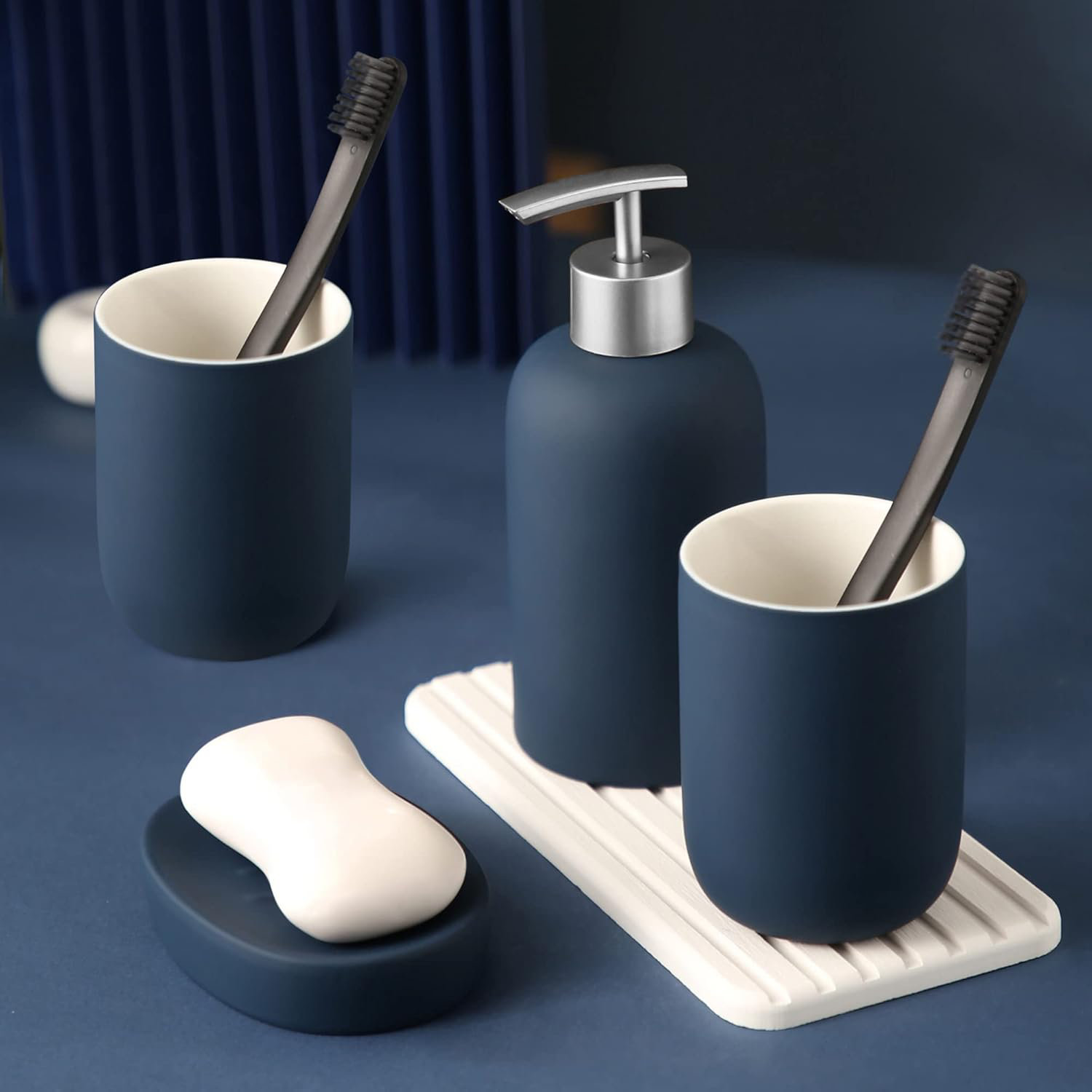 Latitude Run® Blue Bathroom Accessory Set 4 Pieces, Ceramic Bathroom