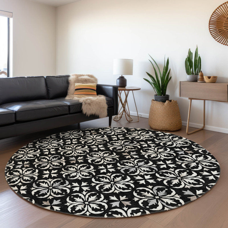 Tapis noir Prisco lavable à la machine de qualité supérieure, Rond 8 pi