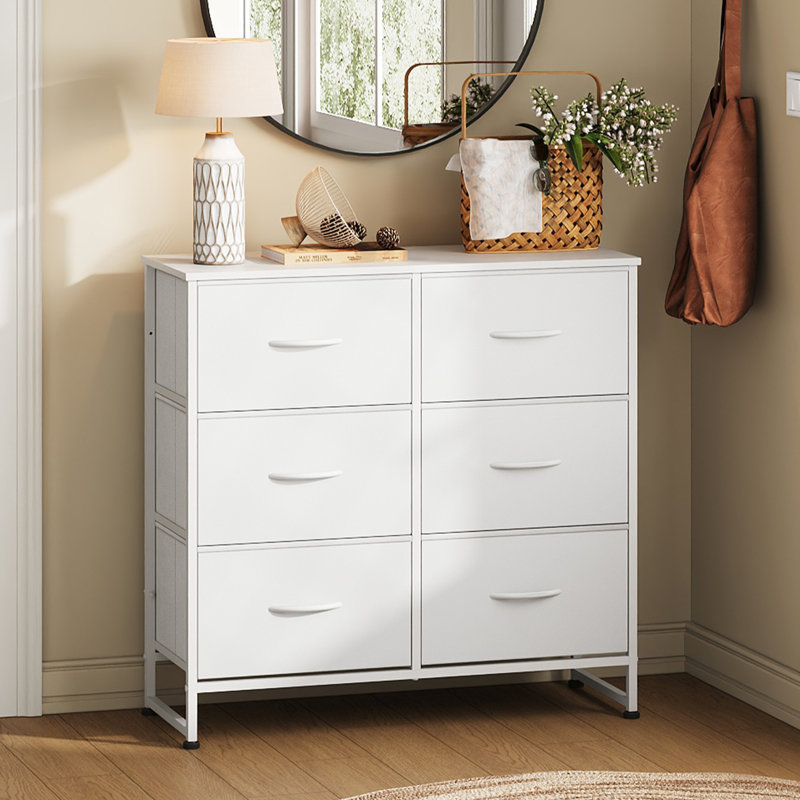  Commode à 6 tiroirs pour la chambre à coucher Ojaswi, commode blanche moderne avec commode en bois avec cadre en métal robuste pour garde-robe 