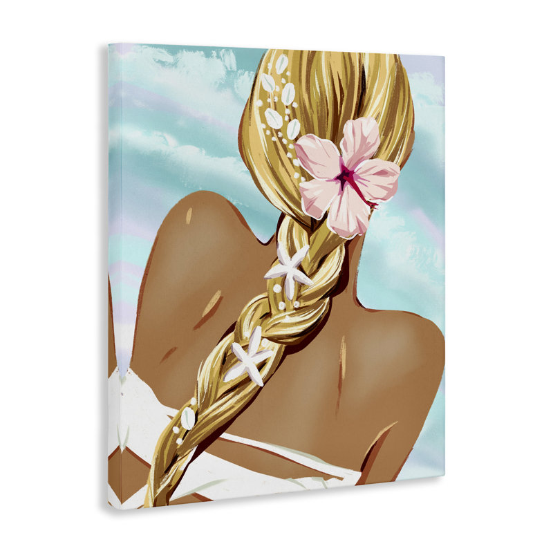 «Beachy Girl with Florals», art mural sur toile par Ziwei Li, H 20 po x l 16 po