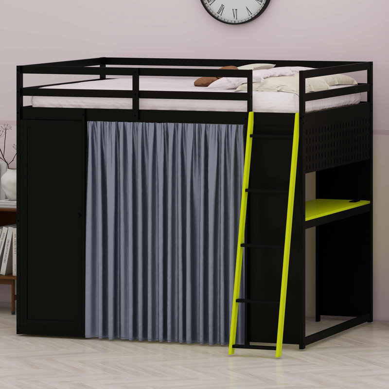 Lit-couchette polyvalent avec rangement intégré, rideaux suspendus et lumières RVB colorées, Black+Green