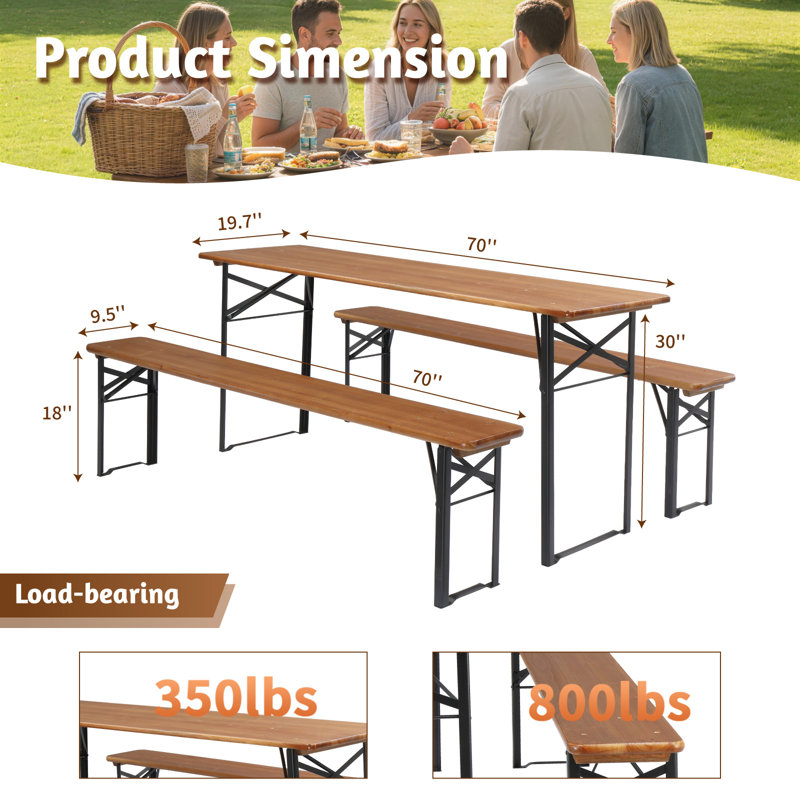 70 In. Walnut Rectangle Wood Picnic Table Iron Fram With Bench Seats 6 People, Brown