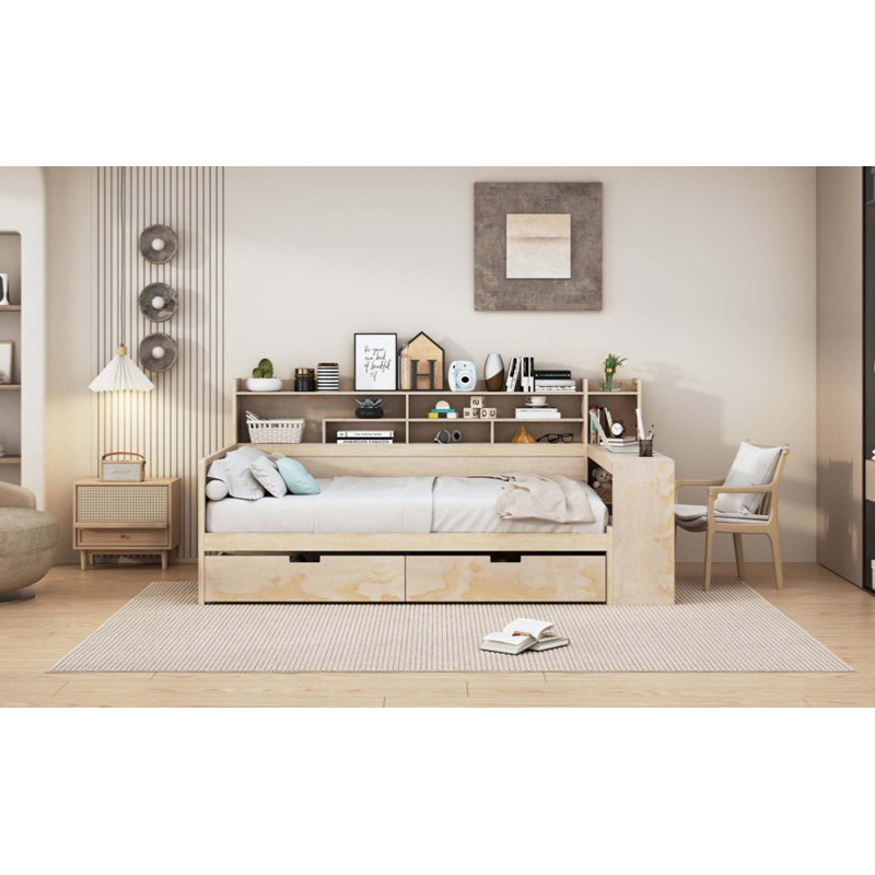 Wooden Daybed with Storage Shelves, Multi-functional Bed with Two Storage Drawers and Study Desk, Natural, Full