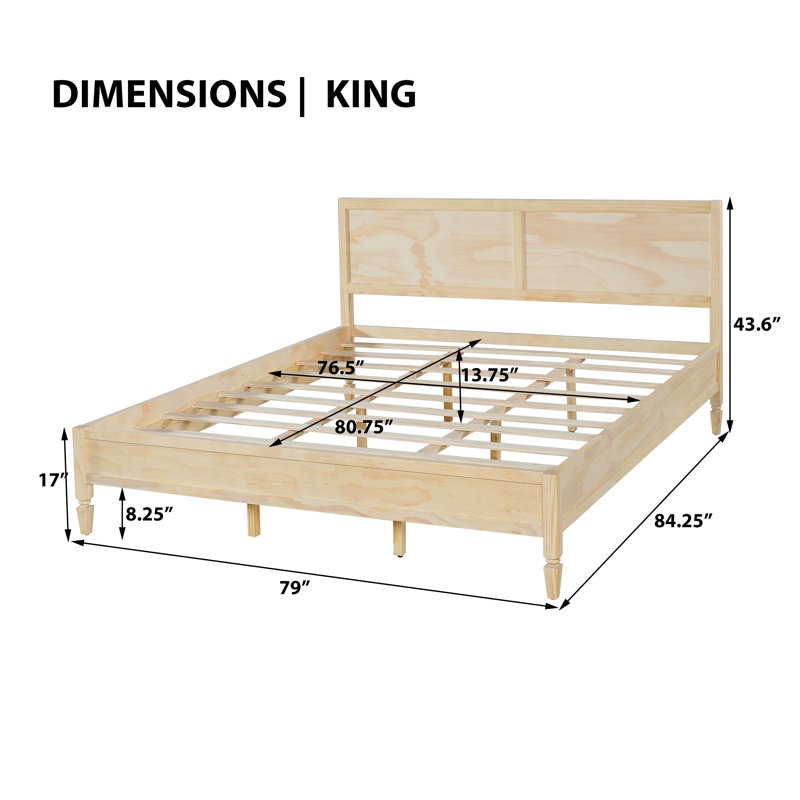 Structure de lit plateforme très grand en bois avec tête de lit à panneau, bois massif / panneau de fibres à densité moyenne, support à lattes, aucun sommier requis, assemblage facile, naturel