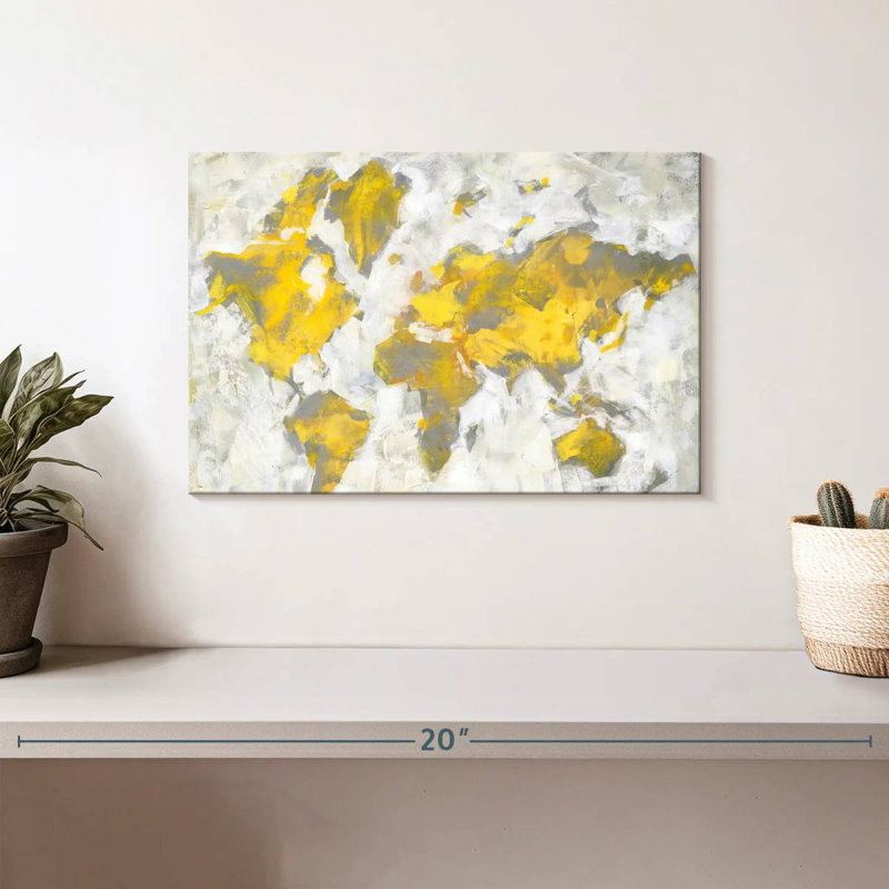 Carte du monde jaune-gris, H 8 po x l 12 po