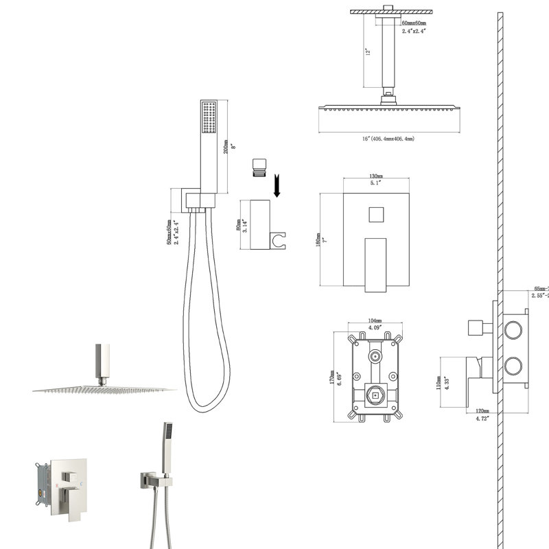 Pomme de douche double en nickel brossé, carré de 16 pouces, fixation au plafond, Nickel brossé