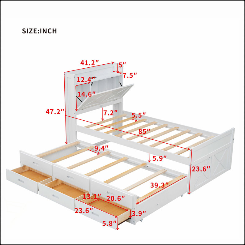 Lit simple en bois avec tête de lit et prises de rangement, extensible avec lit gigogne simple pour une meilleure efficacité
