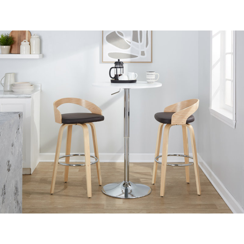 Laurenzio Fixed-Height Bar & Counter Stools with Bent Wood Legs & Round Footrest (Set of 2), Brown Faux Leather