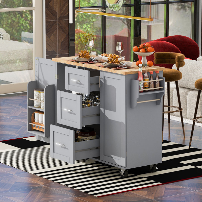 Rolling Kitchen Island With Storage, Kitchen Cart With Rubber Wood Top, 3 Drawer, 2 Slide-Out Shelf And Internal Storage Rack, Kitchen Island On Wheels With Spice Rack & Tower Rack, Grey Blue