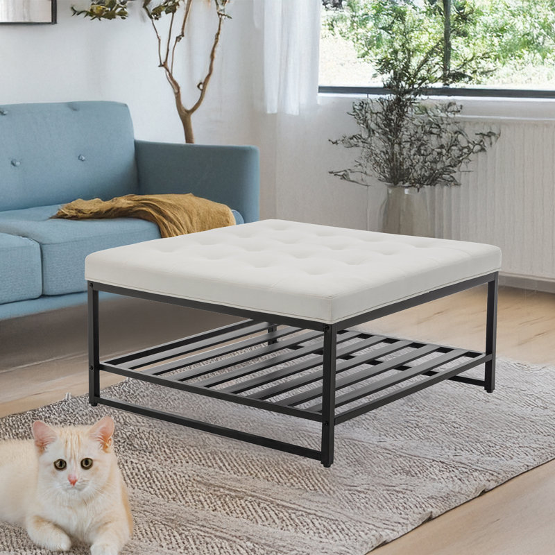 Macaire Coffee Tables, Modern Upholstered Tufted Center Table with Metal Shelf, Square Coffee Tables, Cream