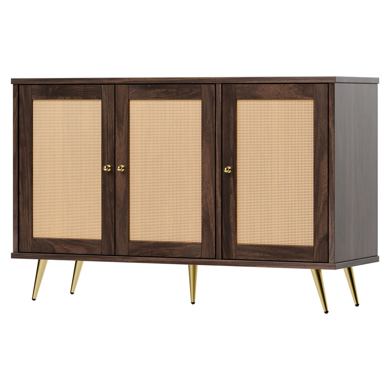 Walnut and Rattan 3-Door Accent Storage Cabinet
