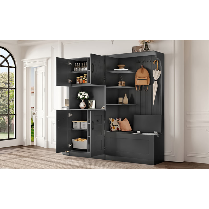 Multifunctional left-right combination hall cabinet (can be used separately) with storage and 4 hooks, storage cabinet/ hall tree 2 in 1 for living room, kitchen and hallway