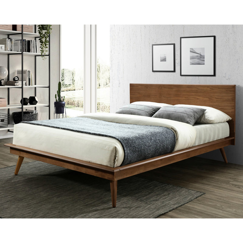 Grand lit plateforme, méthode de fabrication moderne, bois brun, mobilier de chambre à coucher, conception élégante en bois sans sommier, non nécessaire