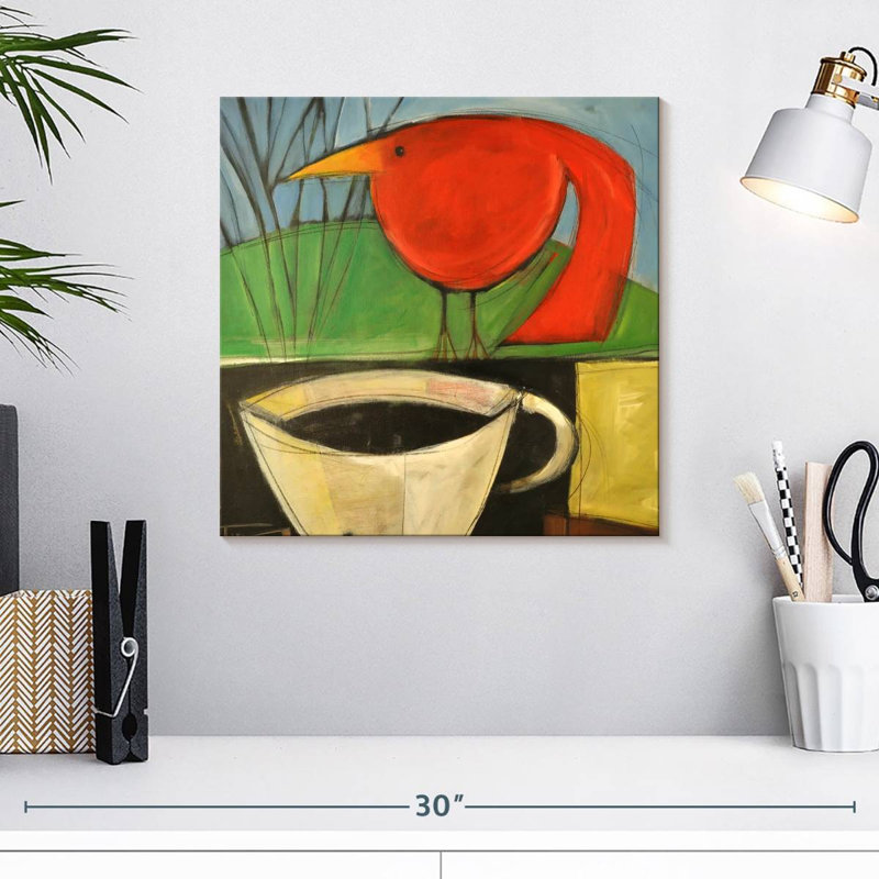 Café Brampt et oiseau rouge, H 16 po x l 16 po