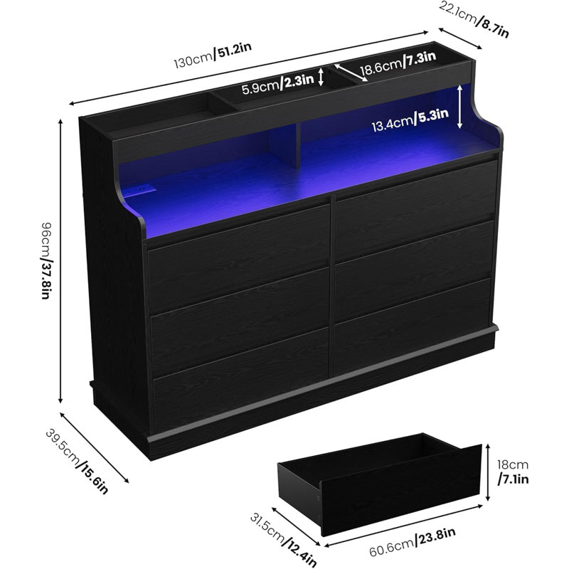 Dresser For Bedroom, 6 Drawer Dresser With Led Lights And Charging Station, Black