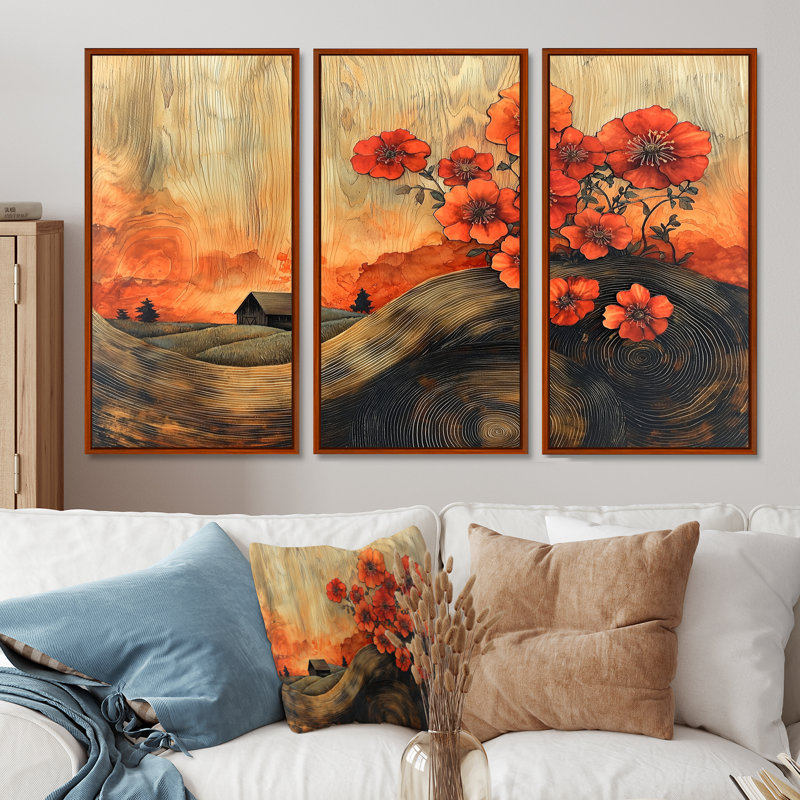 «Geraniums Flowers At Barn Landscape III» - art mural géraniums - ensemble de 3, H 32 po x l 48 po, Brun