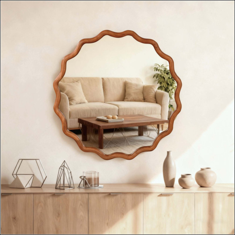 Miroir mural rond ondulé avec cadre en bois massif, miroir décoratif à bords ondulés pour salle de bain, chambre, salon et entrée