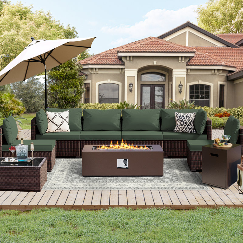 Ensemble de conversation 9 pièces pour terrasse en rotin avec foyer extérieur de 42 pouces et coussin de siège confortable