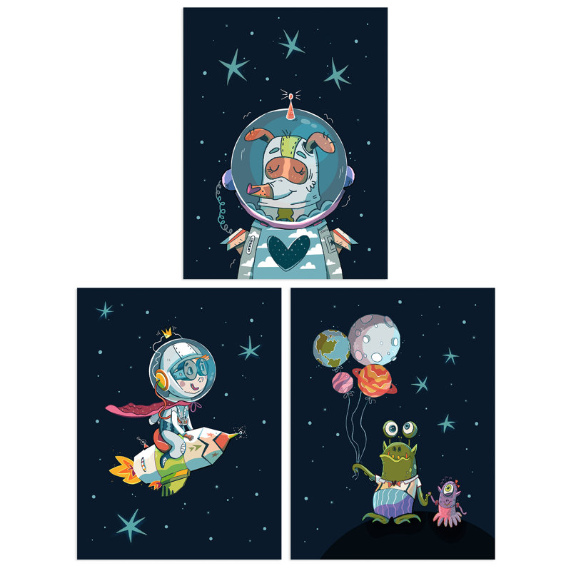 Astronaut Boy Bedroom Pet Dog And Aliens Fun Space - 3 Piece No Frame Print Set, 29.7cm H x 21cm W x 0.4cm D