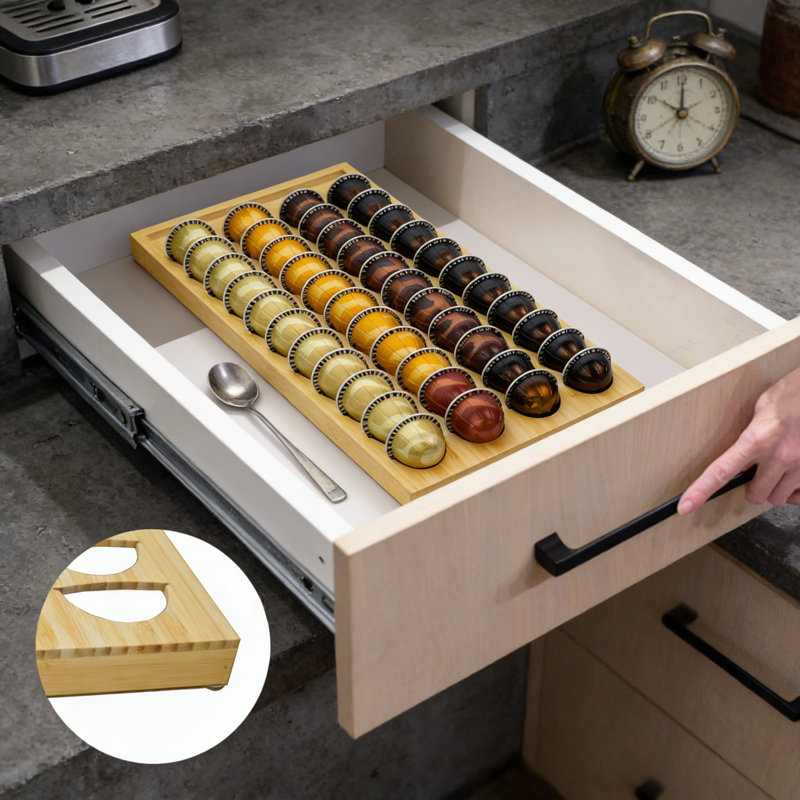 Plateau de rangement pour tiroir à capsules de café en bambou Minboo - Peut contenir 40 dosettes, compatible avec les dosettes Nespresso Vertuoline et standard, convient aux tiroirs de cuisine et de bureau