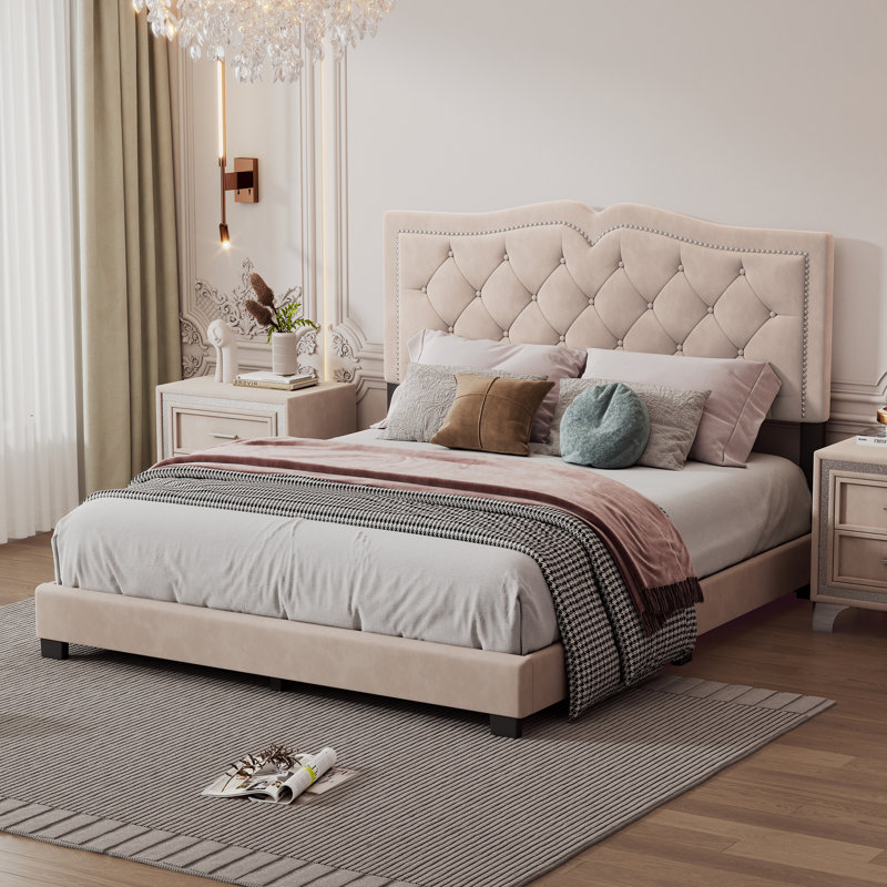 Upholstered Bed Frame with Rivet Design, Modern Velvet Platform Bed with Tufted Headboard, Beige, Queen