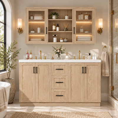 59" Modern Light Wood Double Bathroom Vanity Set with Integrated Sink, Soft-Close Cabinet Doors & Plentiful Storage