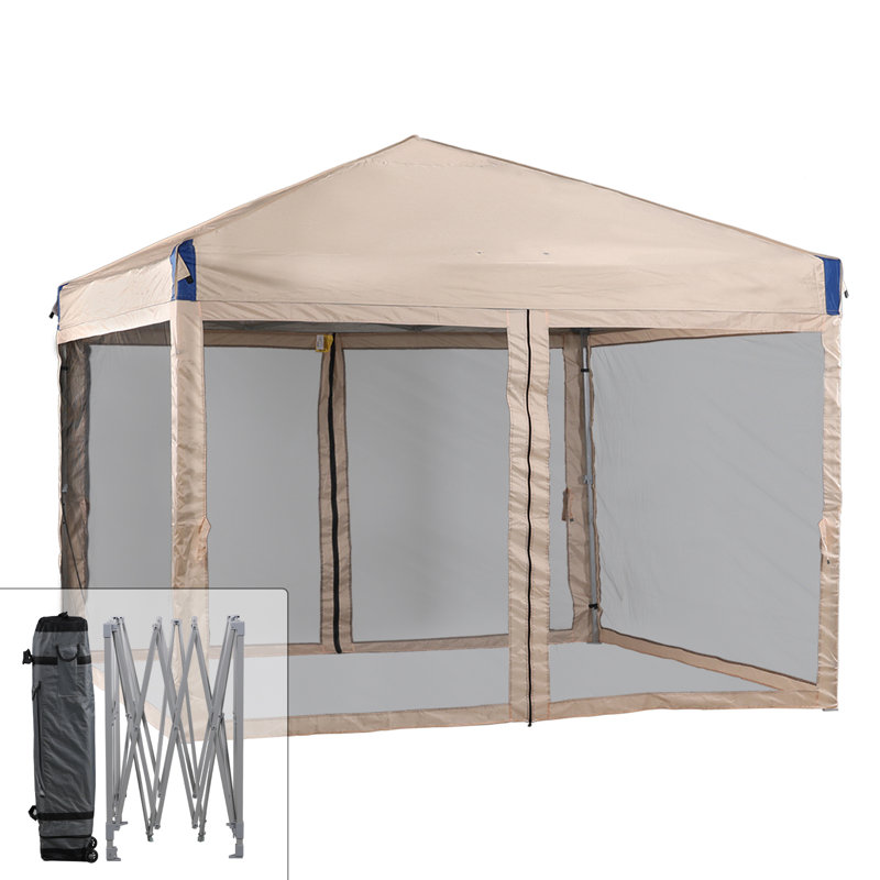Iron Pop-up Canopy with Removable Mesh Sidewalls and Roller Bag, Beige, 10 Ft. W x 10 Ft. D