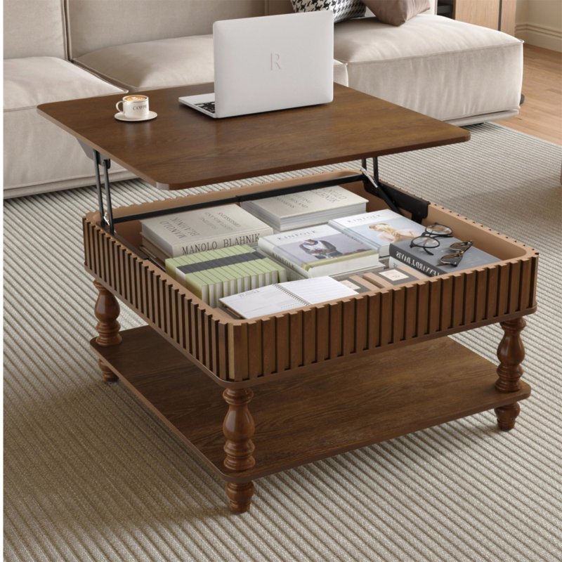 Table basse carrée cannelée à plateau relevable de 31,5 po avec rangement dissimulé et tablette inférieure, Noyer