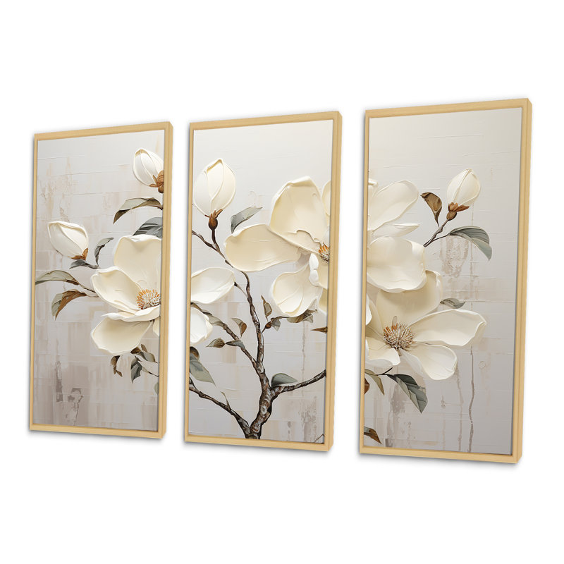 «Magnolias beige et vert», ensemble d'art mural sur toile Magnolias, H 40 po x l 60 po x P 1 po, Cadre flottant érable