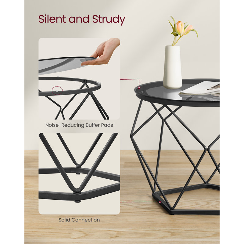 Round Coffee Tables For Living Room, Set Of 2 Side Tables, Different Sized, Modern Style, Removable Tabletop, Steel Frame, Slate Grey And Ink Black