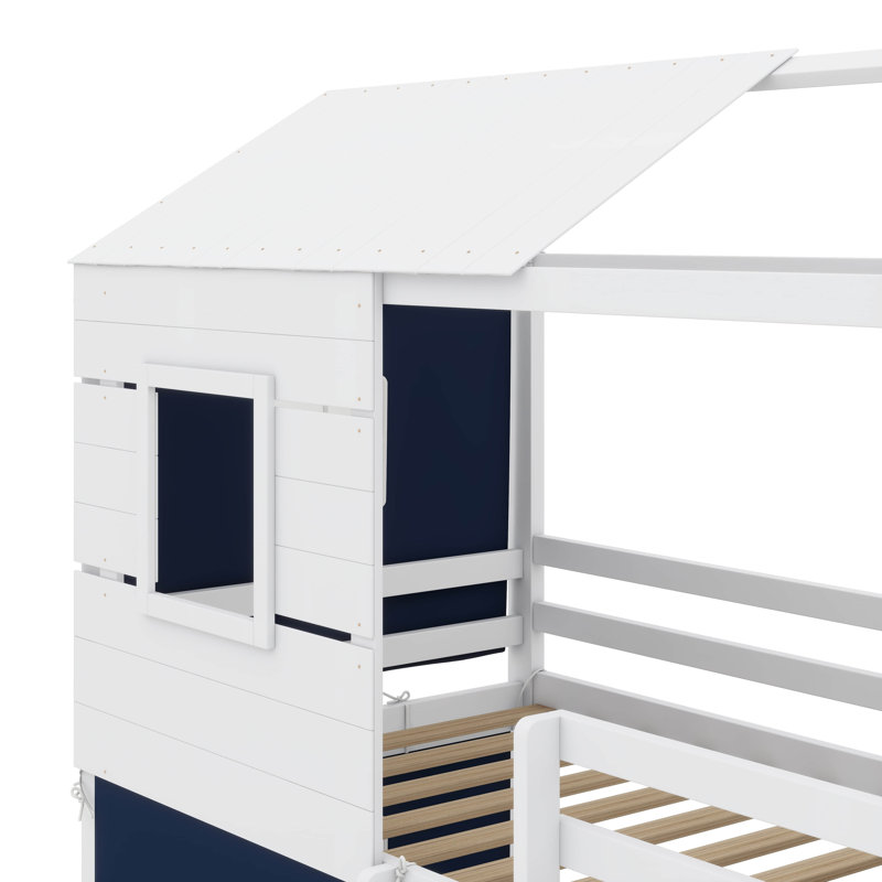 Twin-Sized Wooden Bunk Bed, Cottage-Style Bed With Windows And Play Tent, Low Loft Bed Frame With Secure Guardrail, Twin