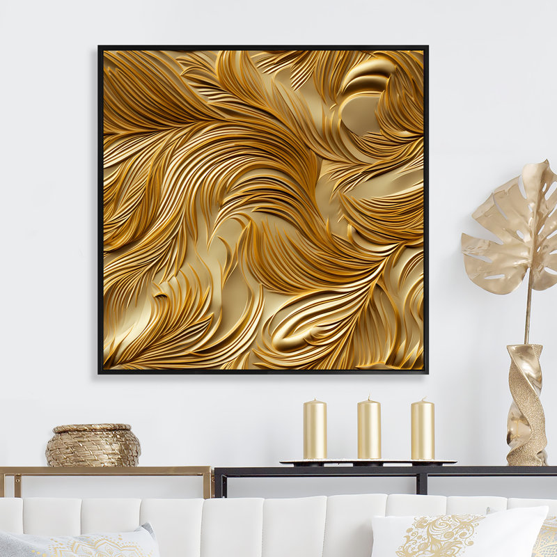 «Golden Feathers Serenity IV - Feathers», reproduction sur toile, Cadre flottant noir, H 36 po x l 36 po x P 1,5 po