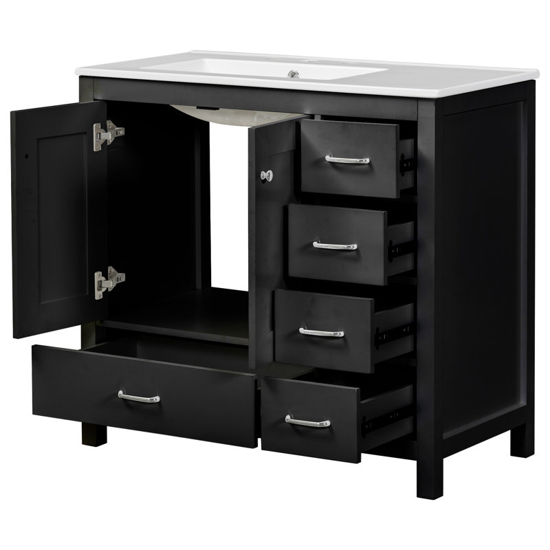 36" Single Bathroom Vanity with Ceramic Top, 5 Drawers and 2 Doors, Black