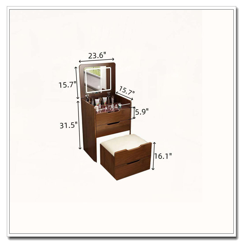 Ensemble de meuble-lavabo 3 tiroirs avec miroir à plateau supérieur, Noyer
