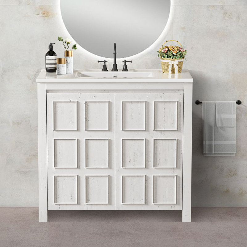 Meuble-lavabo 36 po avec lavabo en céramique, Blanc antique