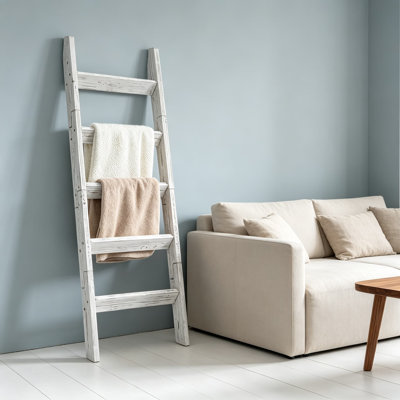 Rustic Wood Blanket Ladder, Angled Rung Display Rack for Quilts and Towels, Leaning Storage Organizer for Bathroom and Living Room, Farmhouse Decor, KD Side Rails