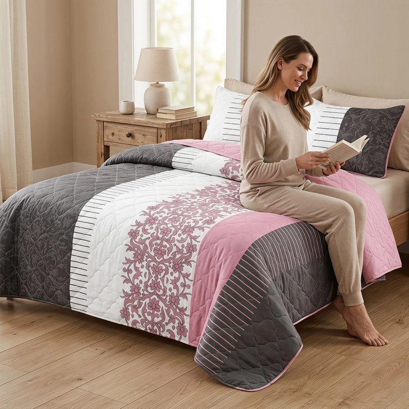 Ensemble de couvre-lit réversible 3 pièces en microfibre gris anthracite et rose rosé avec 2 taies décoratives