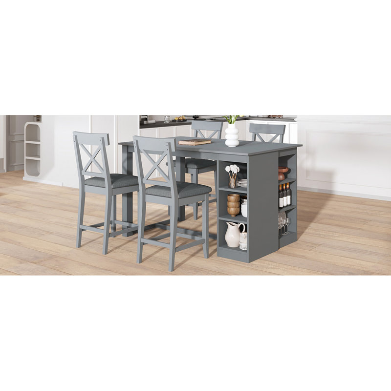 Ensemble de table de salle à manger à hauteur de comptoir en bois massif 60 po x l 30 po avec tablettes de rangement à 3 niveaux et chaises rembourrées pour 4, 5 pièces