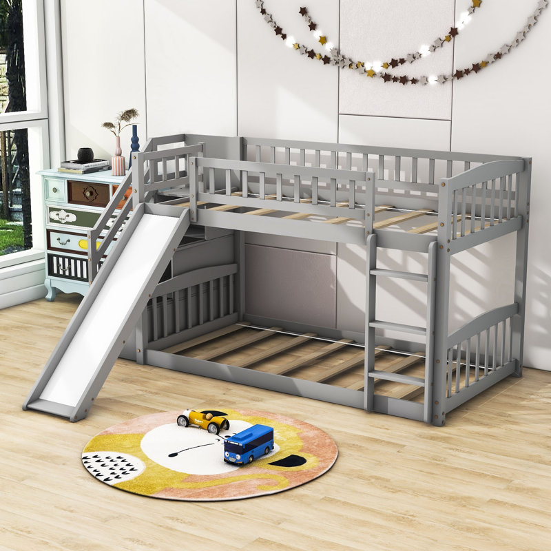 Twin Over Twin Wood Bunk Bed with Slide and Storage Staircase, Gray