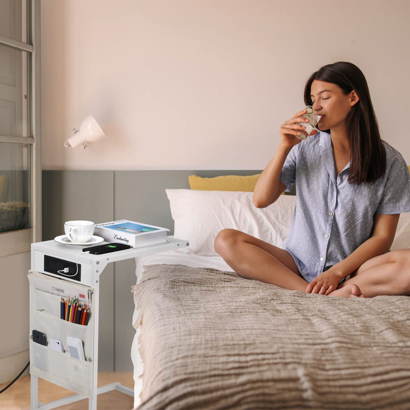 End Table Set Built-In Outlets, White, White