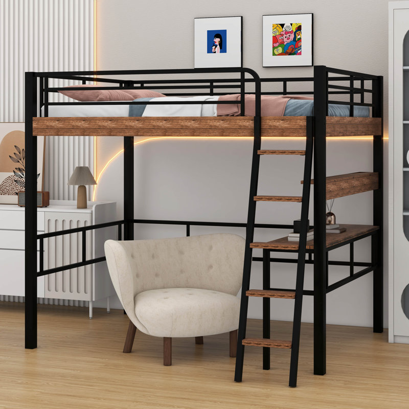 Structure de lit mezzanine en métal avec DEL et tablette de rangement, lit mezzanine avec bureau intégré, Lit double