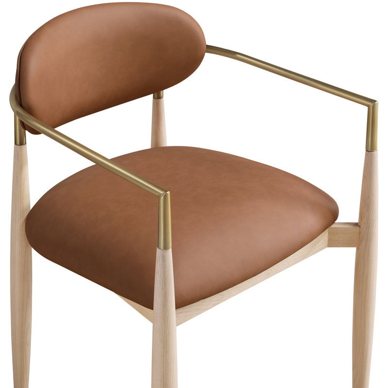 Eligah Vegan Leather Upholstered Dining Arm Chair, Stained Natural / Brushed Brass, Cognac Vegan Leather