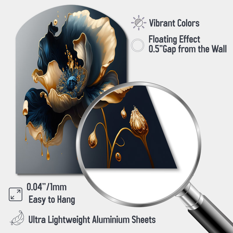 Bleu profond et fleur simple II - impression murale asymétrique florale en métal, H 43 po x l 33 po