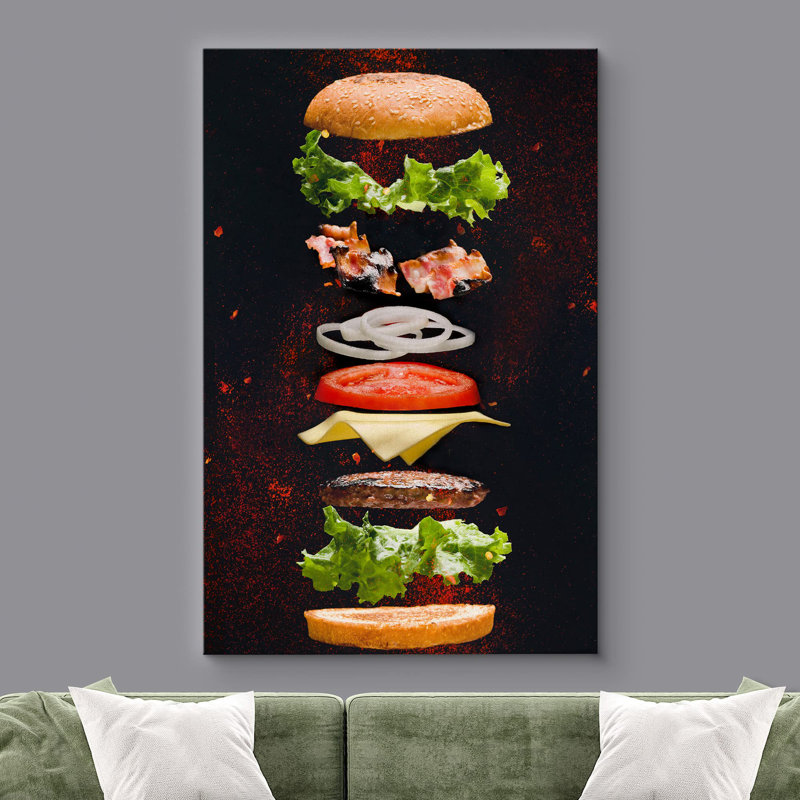 Cheeseburger, ingrédient flottant, explosion, nourriture, photographie culinaire, rustique moderne, H 24 po x l 16 po