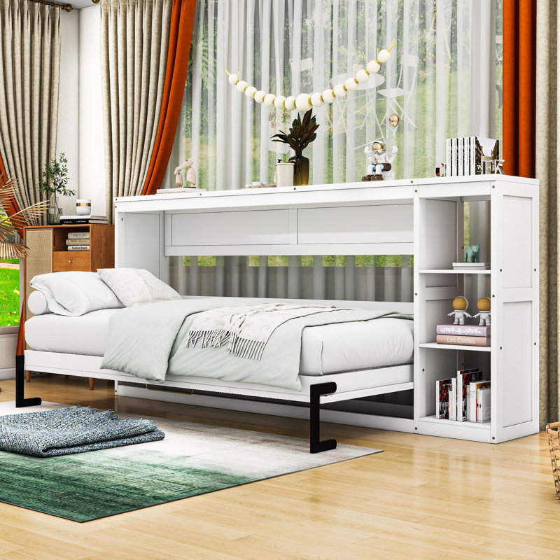 Wood Murphy Bed with 3 Shelves, Twin, White
